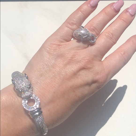 Silver Panther Swarovski Crystal Bracelet Ring Set - Picture 5 of 7